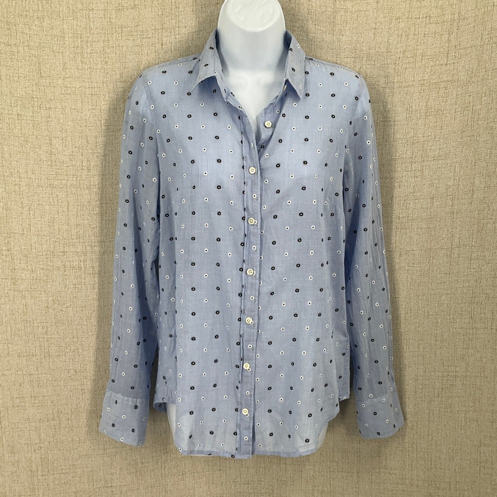 J.Crew Perfect Shirt Women 4 Blue Cotton Embroidered Dot Classic Button Down